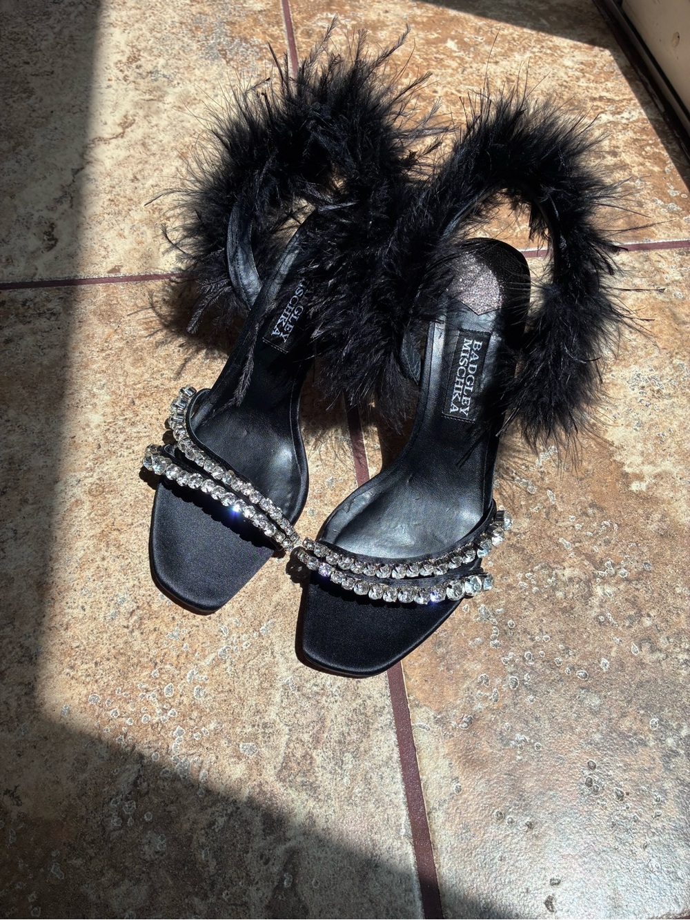 Badgley Mischka Harley  Black Feather and Crystal Stiletto Sandals - Picture 2 of 7